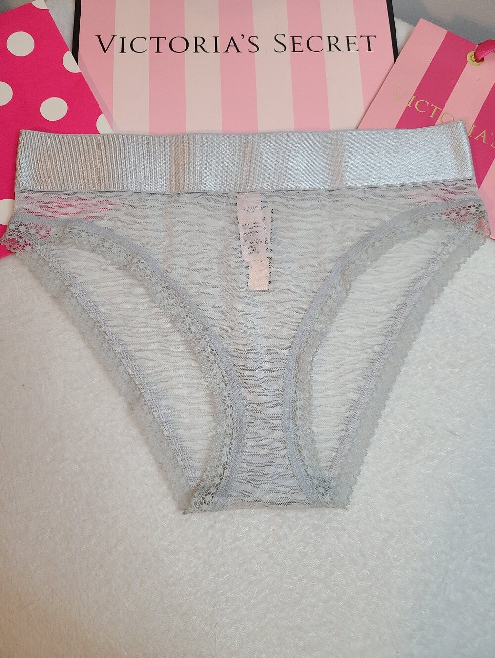 Victoria's Secret Retired Thick Band Lace High Leg Cheeky Panty Size M Silver
